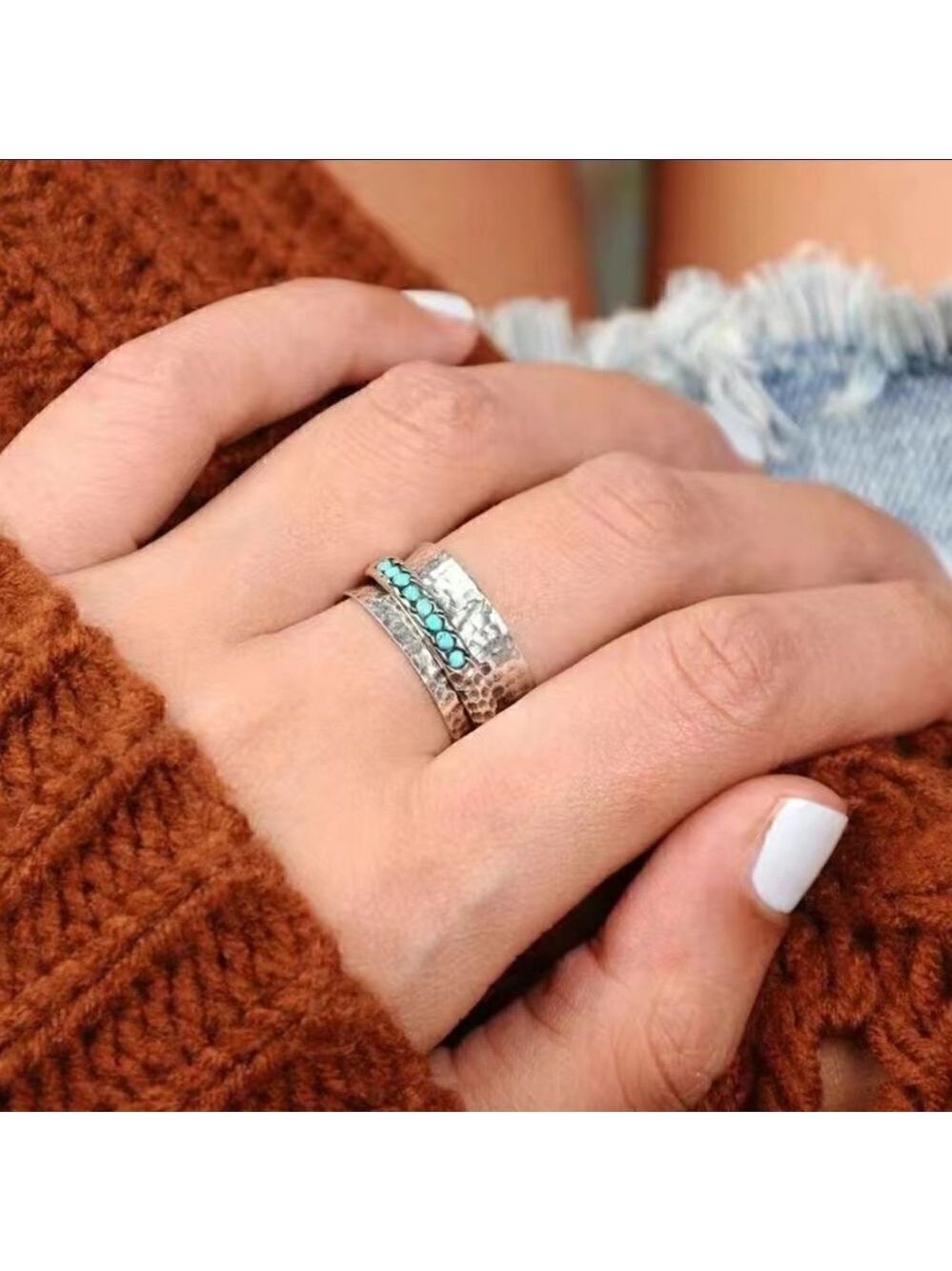 Boho Style Wide Ring Hammered Inlaid Turquoise Rotatable Design For Releasing - Picture 6 of 8
